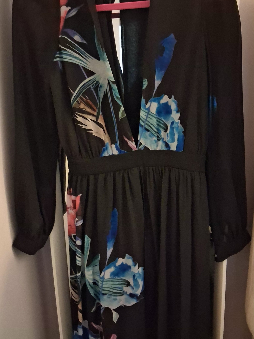 Black Floral Deep V Maxi Dress with Blue & Teal Blooms